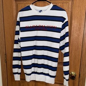 H&M Men’s White & Blue Striped Crewneck Sweater with Red Embroidery